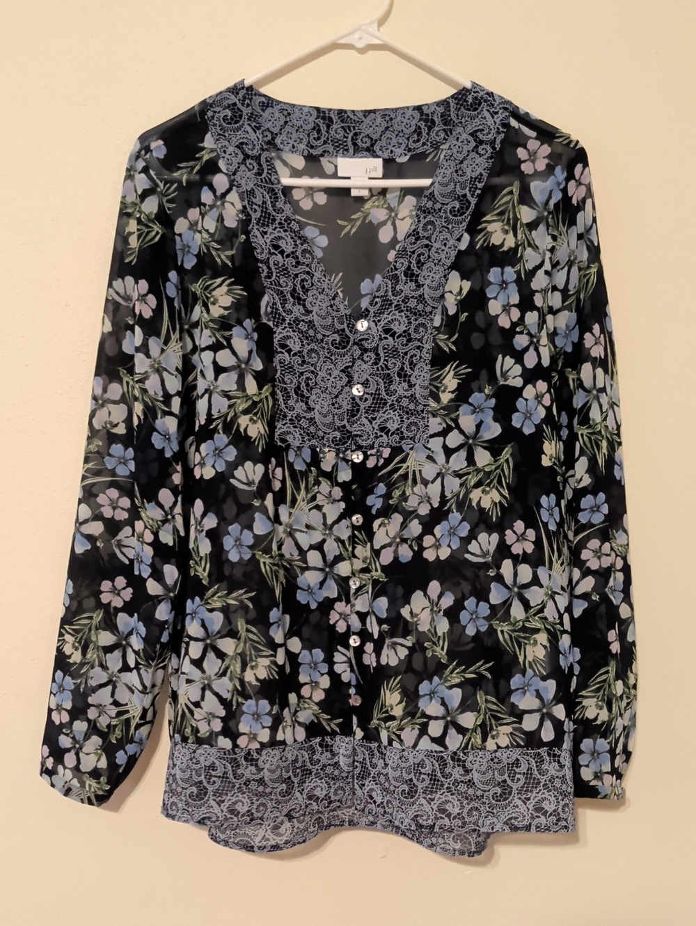 J. Jill Navy Blue Floral Sheer Button Blouse